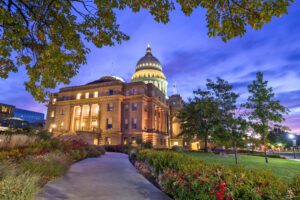 Idaho State Capitol Building at dawn in Boise, Idaho, USA.