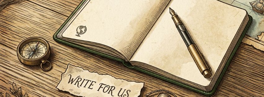 Notebook, pen and compass on a wooden table with a Write for us note