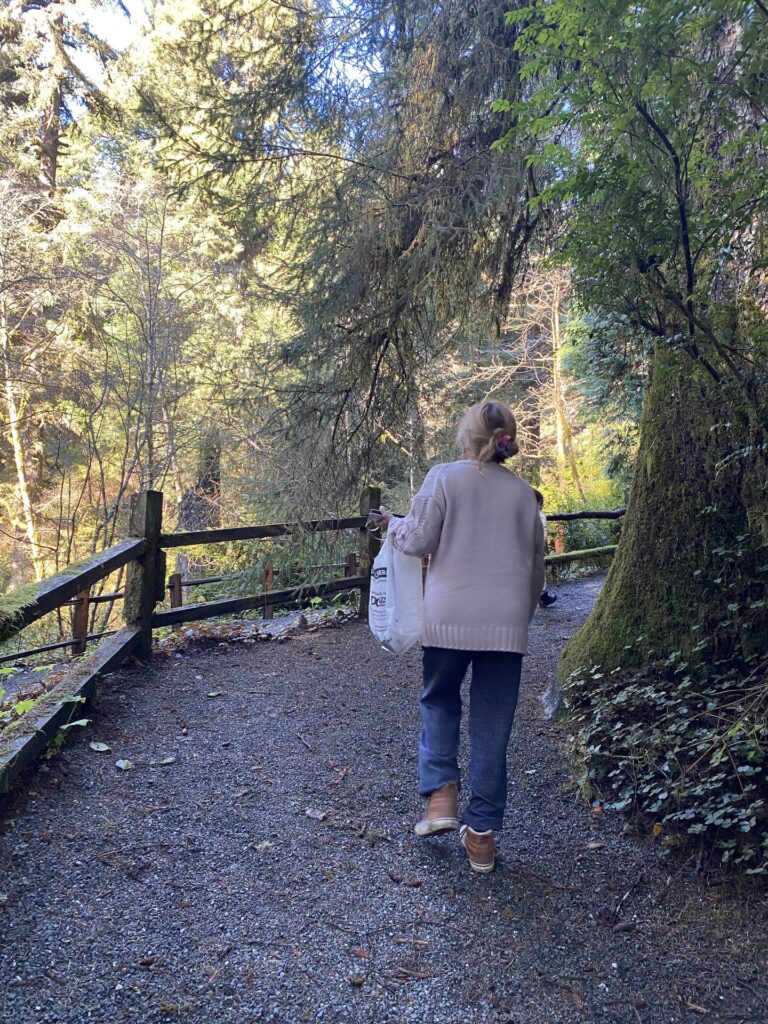 Family climbing wooden stairs on a redwood forest trail near Crescent City
