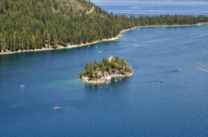 Emerald Bay and its island seen from an overlook at Lake Tahoe