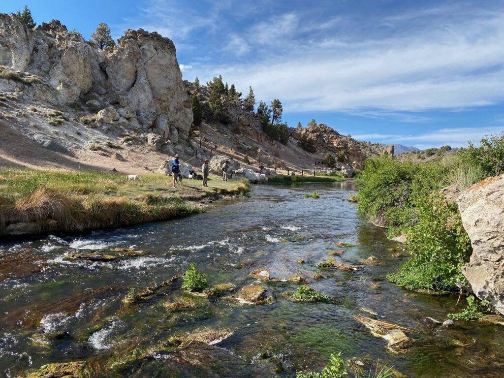 A river running through a rocky volcanic valley near Mammoth Lakes
