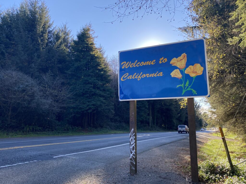 Welcome to California road sign beside the highway near Crescent City