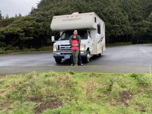 Class C motorhome at a coastal pull-off in Yachats, Oregon